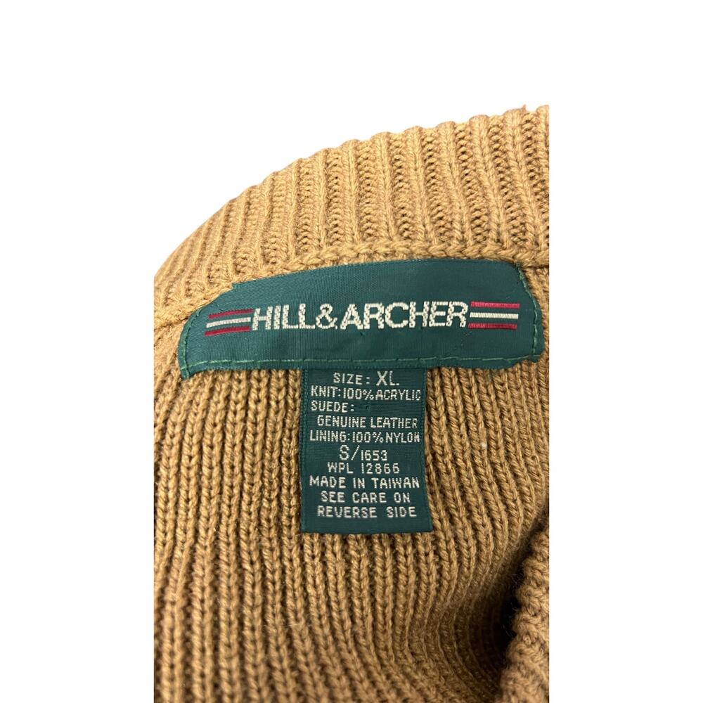 🧥 Hill & Archer XL Tan Faux Suede Cable Knit V Neck Sweater Retro 90s Dadcore - Picture 3 of 3